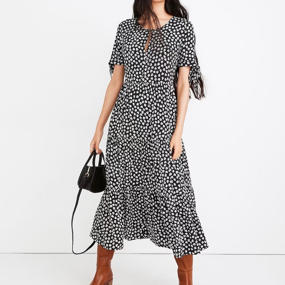 Madewell Tie-Sleeve Midi Dress in Woodcut Flowers